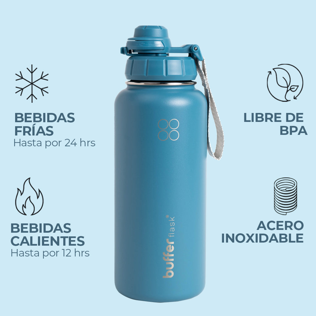 Botella Térmica Buffer Acero Inoxidable 950ml + 4 Tapas Petróleo
