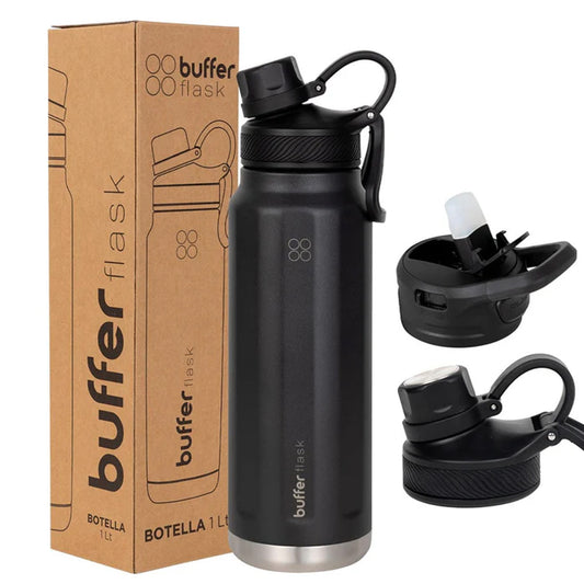 Botella Agua Térmica Buffer Paine 1Lt  + 2 Tapas Negra