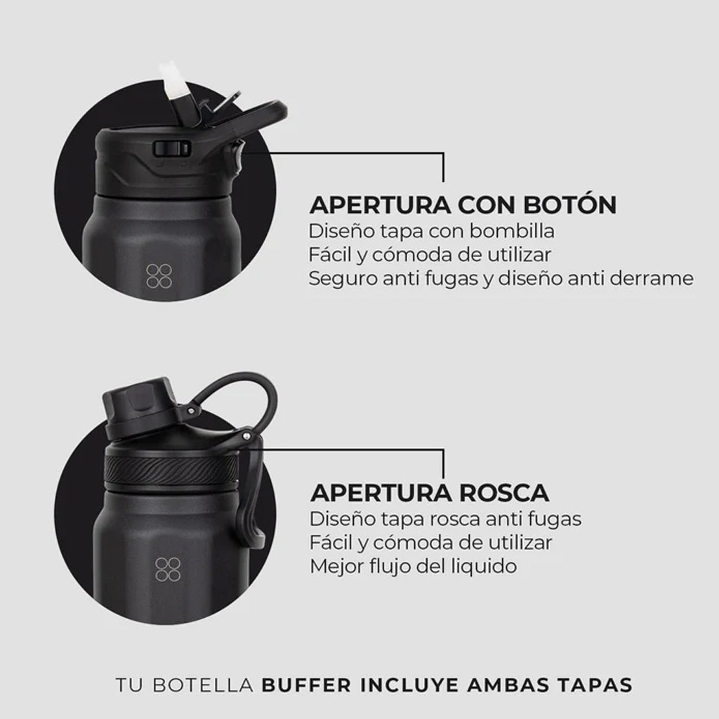 Botella Agua Térmica Buffer Paine 700ml + 2 Tapas Negra
