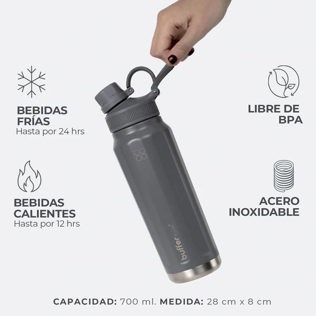 Botella Agua Térmica Buffer Paine 700ml + 2 Tapas Cool Grey