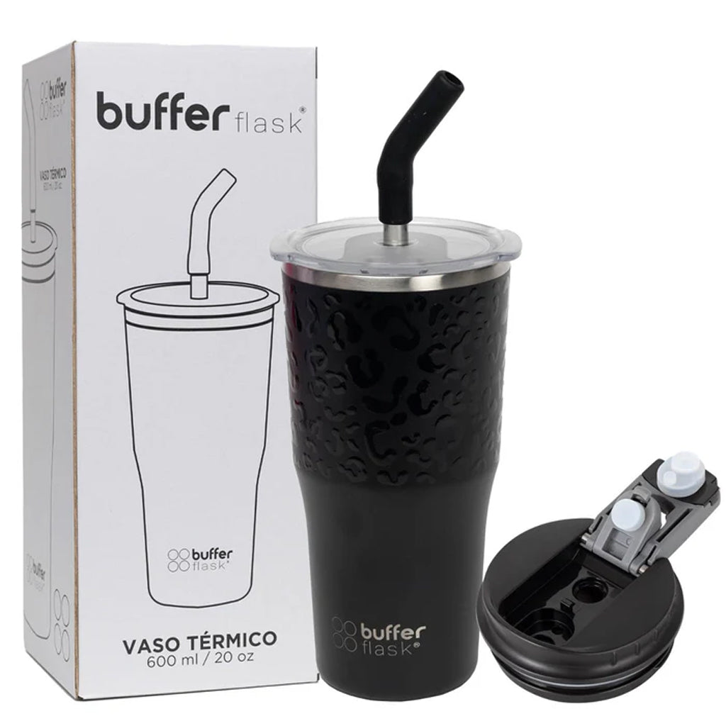 Mug Vaso Térmico Buffer Roques 600 ml +Tapas Negro Leopardo