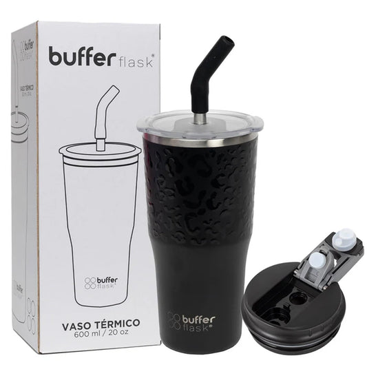 Mug Vaso Térmico Buffer Roques 600 ml +Tapas Negro Leopardo