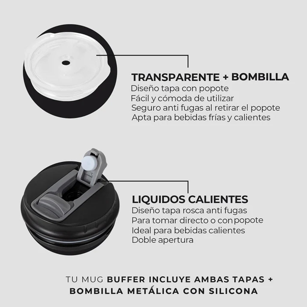 Mug Vaso Térmico Buffer Roques 600 ml +Tapas Negro Leopardo