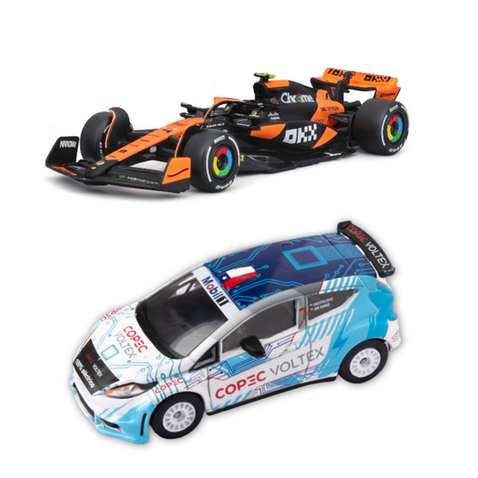 Combo Autos a Escala: Rally 1/55 Eléctrico y 1:43 McLaren Lando Norris 2024.