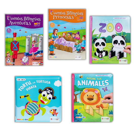Combo: Cuentos Bilingües: Aventuras + Cuentos Bilingües: Princesas + Diseña Tus Animales + Tortu La Tortuga Pirata + Diseña Tu Propio Zoo