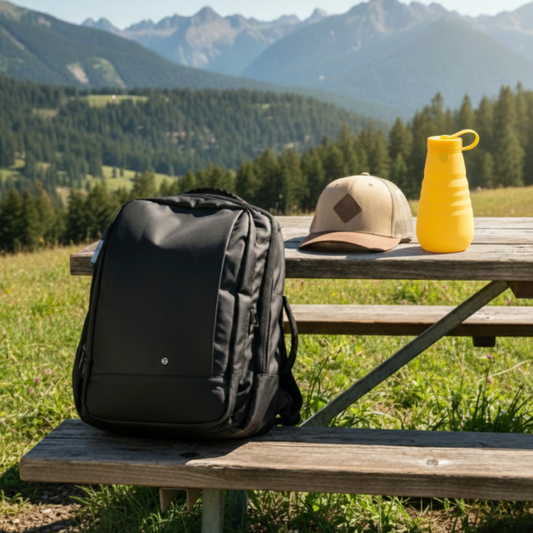 Combo 50% OFF: Mochila de Viaje Viral Cabina Avión 30Lt + Jockey Llaima Maipo Beige +Botella Silicona Plegable Amarilla