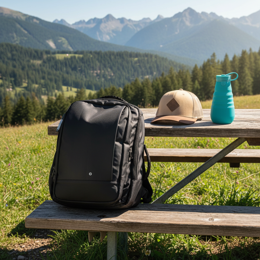 Combo 50% OFF: Mochila de Viaje Viral Cabina Avión 30Lt + Jockey Llaima Maipo Beige + Botella Silicona Plegable Azul