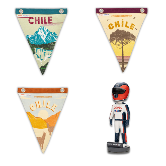 Combo: Piloto A Escala Copec Rallymobil 2025 + Banderín Rallymobil Norte + Rallymobil Sur + Rallymobil Extremo Sur