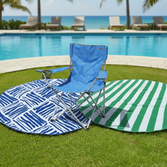 Combo: Silla Plegable Apoyabrazos Azul Outback + Toalla de Playa Redonda 150 cm. Colores surtidos.