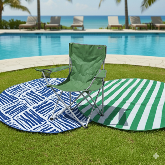 Combo: Silla Plegable Apoyabrazos Verde Outback + Toalla de Playa Redonda 150 cm. Colores surtidos.