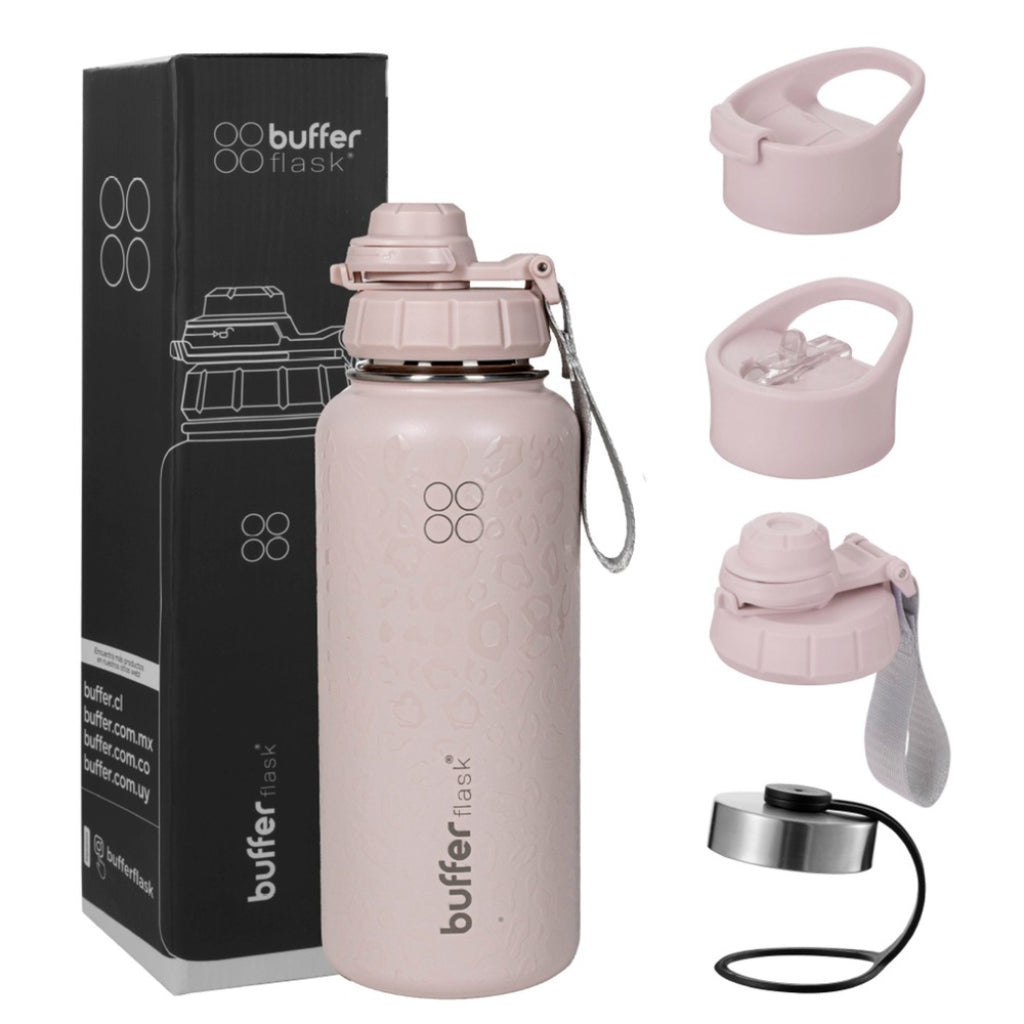 Botella Agua Térmica Buffer Morea 950ml +4 Tapas Pink Leopardo