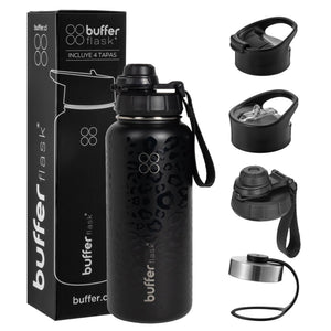 Botella Agua Térmica Buffer Morea 950ml +4 Tapas Negro Leopardo