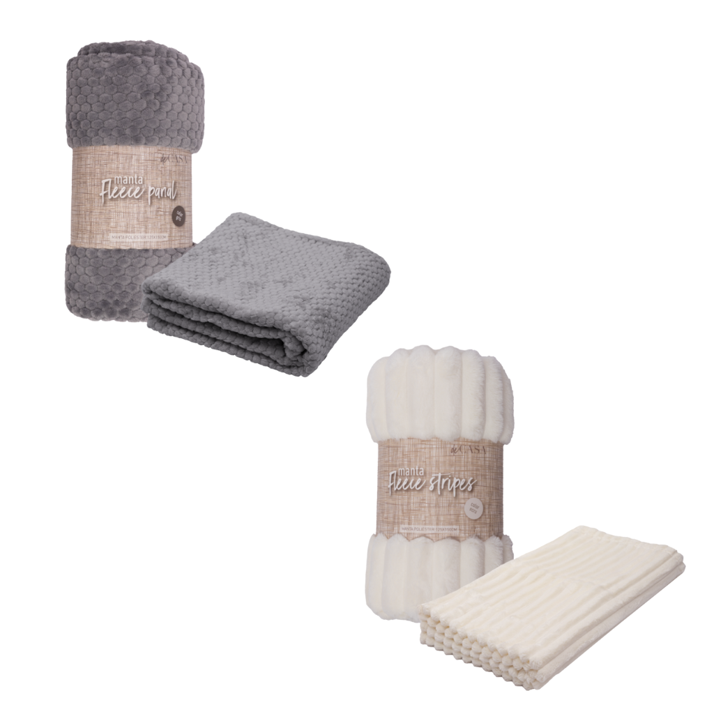 Combo Mantas Fleece Panal y Stripes: Ecru + Gris Oscuro