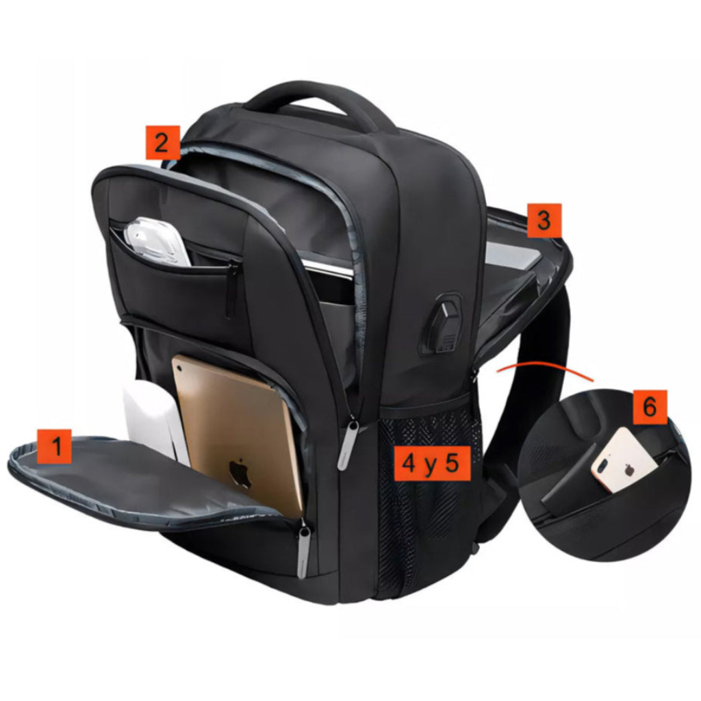 Mochila Viaje (Cabina Avión) 22L. Resistente al Agua. Negro