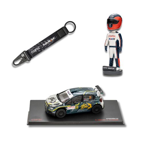 Combo: Piloto A Escala Copec Rallymobil 2025 + Auto Escala 1:43 Alberto Heller + Llavero Mosquetón Copec Rally 2025