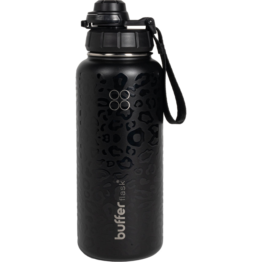 Botella Agua Térmica Buffer Morea 950ml +4 Tapas Negro Leopardo