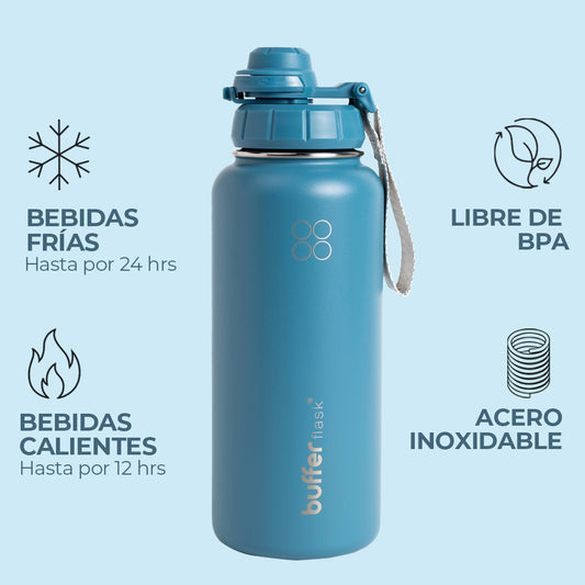 Botella Térmica Buffer Acero Inoxidable 950ml + 4 Tapas Petróleo