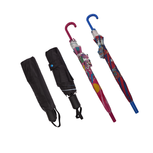 Combo Paraguas Familiar: 2 Retráctil Negros + Minnie y Paw Patrol