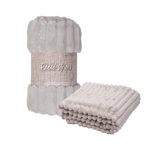 Combo Mantas Fleece Panal y Stripes 125x150 cm Beige, Gris Oscuro, Ecru y Gris