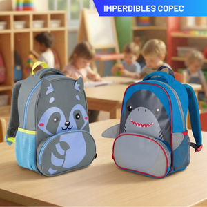 Combo Mochilas Preescolar Mapache Gris + Tiburón Azul