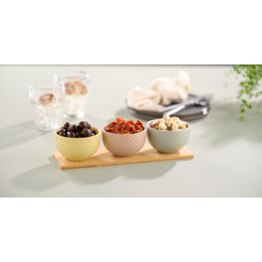 Tabla De Aperitivo De Bambú Con 3 Posillos De Cerámica Day