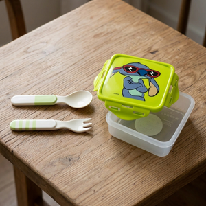 Combo Hermético Stitch + Cubiertos Infantiles Bamboo (2 Piezas)