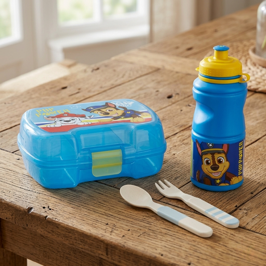Combo Lunch Paw Patrol y Cubiertos Infantiles Bamboo Celeste (3 Piezas)