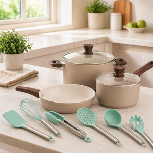Set Batería De Cocina Alessandria Verde + Utensilios Doral 11 Piezas