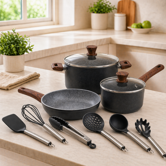 Set Batería De Cocina Alessandria Gris + Utensilios Doral 11 Piezas
