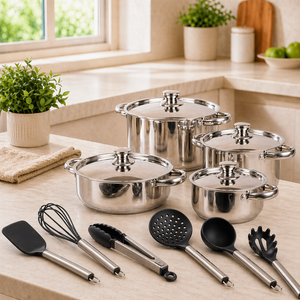 Set Batería De Cocina Málaga Acero + Utensilios Doral 14 Piezas