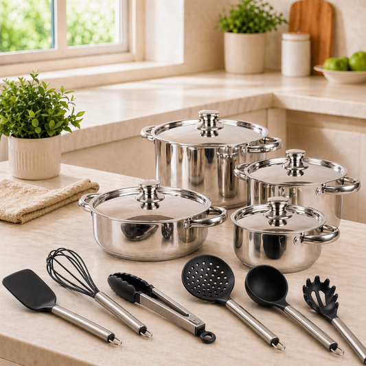 Set Batería De Cocina Málaga Acero + Utensilios Doral 14 Piezas