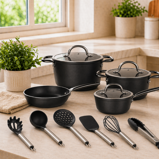 Set Batería De Cocina Wens Black y Utensilios Doral 13 Piezas