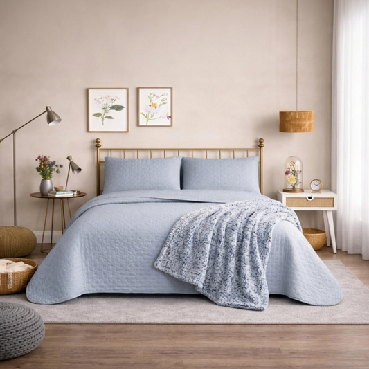 Combo Cubrecama Quilt Reversible 2 1/2 Plazas King Deluxe Grey + Manta Sherpa Azul Jaspeado