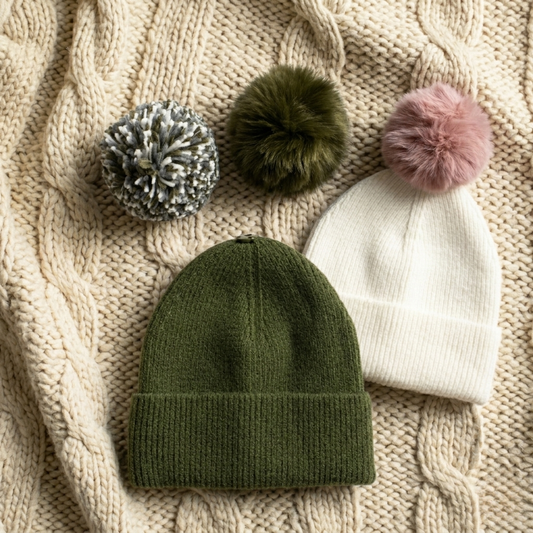 Combo Gorros de Punto Unisex Verde y Blanco con Pompones Intercambiables