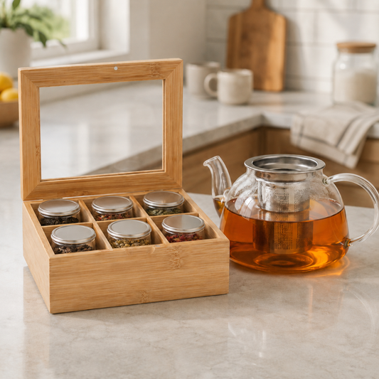 Combo Caja Organizadora de Té Day + Tetera Vidrio Glasso 1L