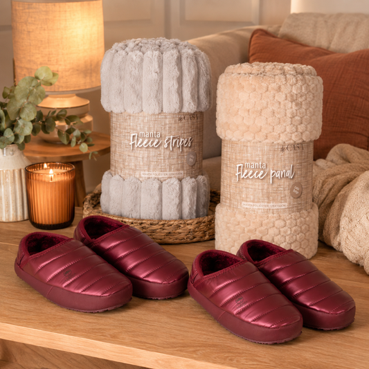 Combo Mantas Fleece Beige y Gris + Pantuflas Mujer Burgundy