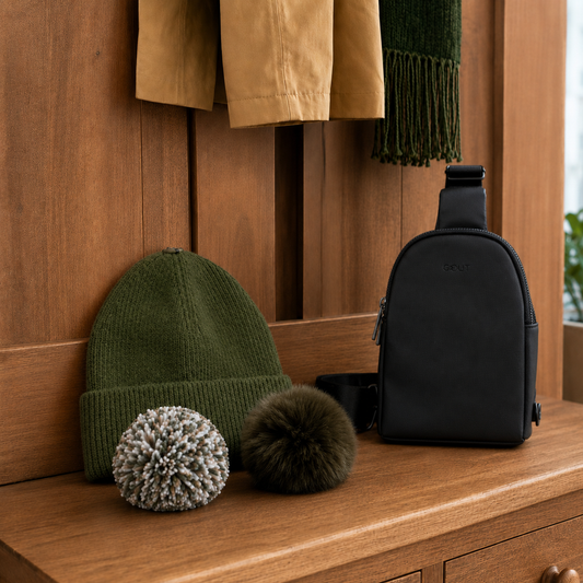 Combo Gorro Verde Pompón Intercambiable + Bandolera Negra Gout