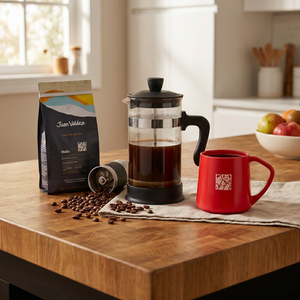Combo Prensa Francesa Day 1 L + Taza Juan Valdez 400 ml + Café en grano Huila 454 g