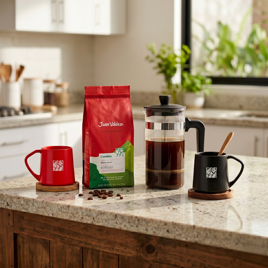 Combo Juan Valdez Café en grano Cumbre 454 g + 2 Tazas 400 ml + Prensa Francesa Day 1 L