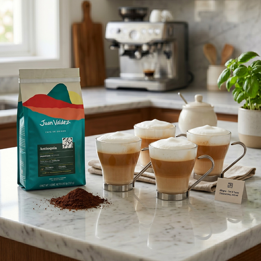 Combo Set 4 Tazas Cappuccino Allegra 200 ml + Café molido Juan Valdez Antioquia 283 g