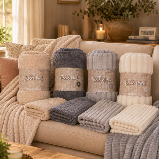 Combo Mantas Fleece Panal y Stripes 125x150 cm Beige, Gris Oscuro, Ecru y Gris