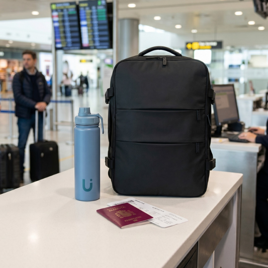 Combo Mochila Travel Viral 40L Negra Expandible + Botella Térmica Wappy Azul Acero Inoxidable