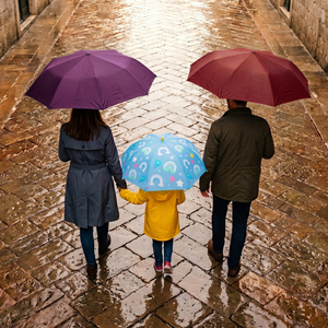 Combo Paraguas Retractiles Morado + Burdeo + Infantil Arcoíris cambia color Celeste
