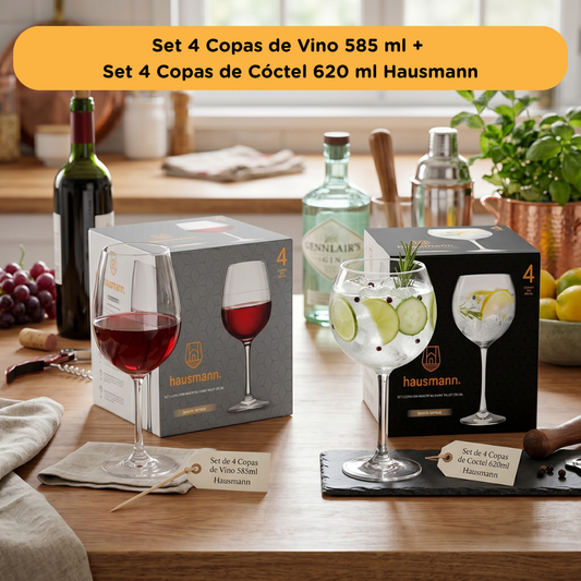 Combo Set 4 Copas de Vino 585 ml + Set 4 Copas de Cóctel 620 ml Hausmann