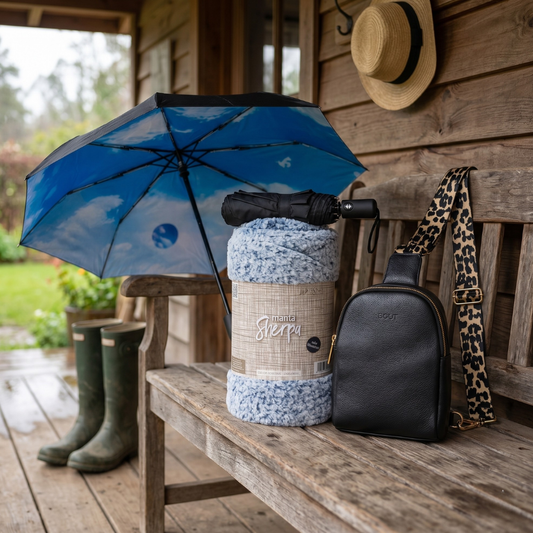 Combo Paraguas Retráctil Negro + Manta Sherpa Azul Jaspeado + Bandolera Crossbag Gout