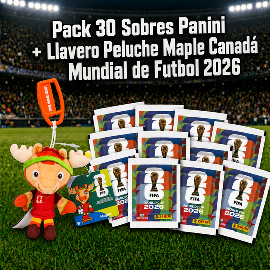 Pack 30 Sobres Panini + 1 Peluche llavero Maple Canadá FIFA + Mundial de Futbol 2026