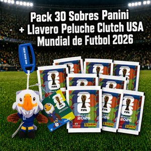 Pack 30 Sobres Panini + 1 Peluche Llavero Clutch USA FIFA Mundial de Futbol 2026