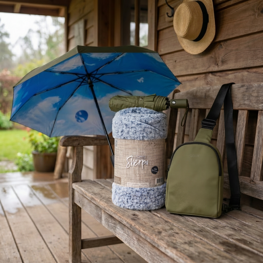 Combo Paraguas Retráctil Verde Oliva + Manta Sherpa Azul Jaspeado + Bandolera Crossbag Dark Green