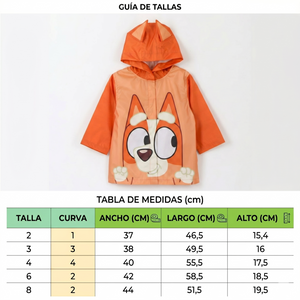 Combo Bluey: Impermeable Infantil Naranjo Bingo + Gorro Toddler con Orejas