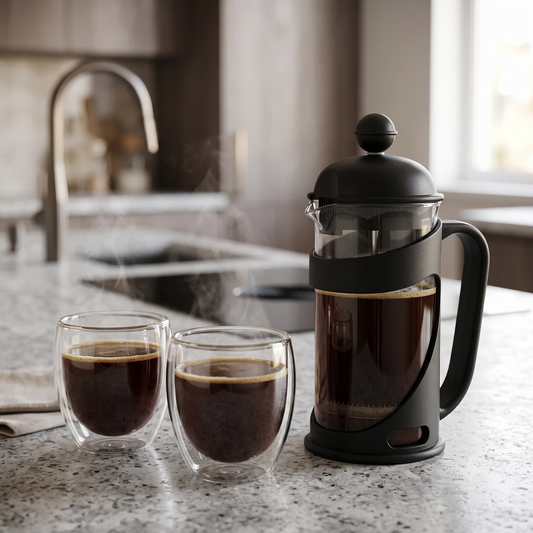 Combo 1 Cafetera Francesa Cali 1000 ml + 1 Set de 2 Tazas Bali 80 ml Lugano
